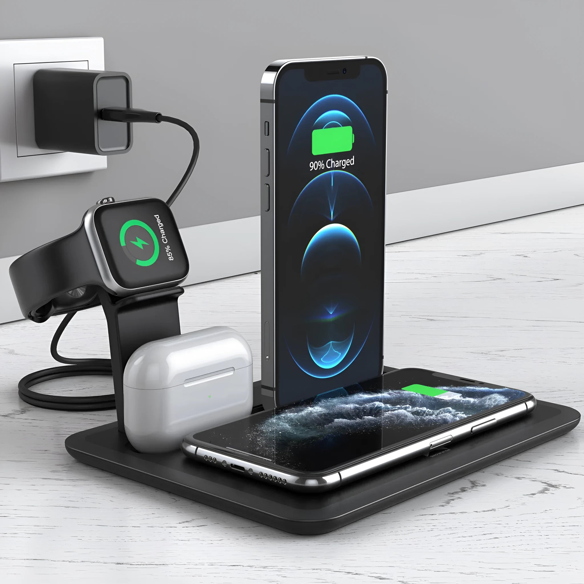 Black desktop wireless charging dock holding an iPhone, Apple Watch and AirPods case with cables connected.