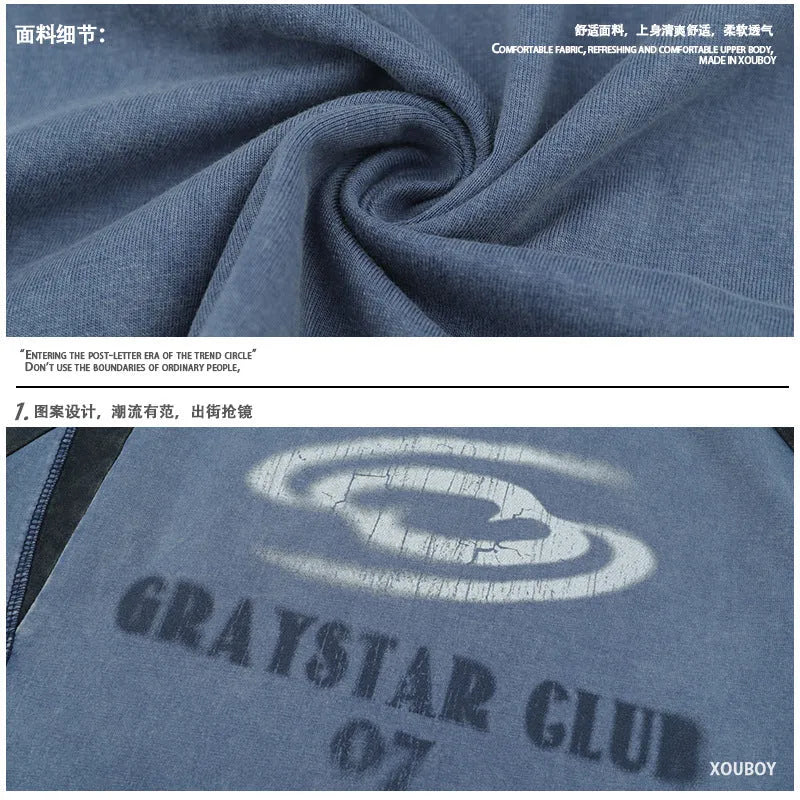 Men's blue hip hop letter print t-shirt with raglan sleeves and loose fit