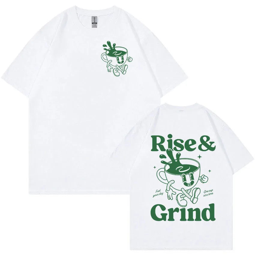 Loose fit linen t-shirt with Rise And Grind Green Coffee cartoon graphic print, shown in multiple colour options.