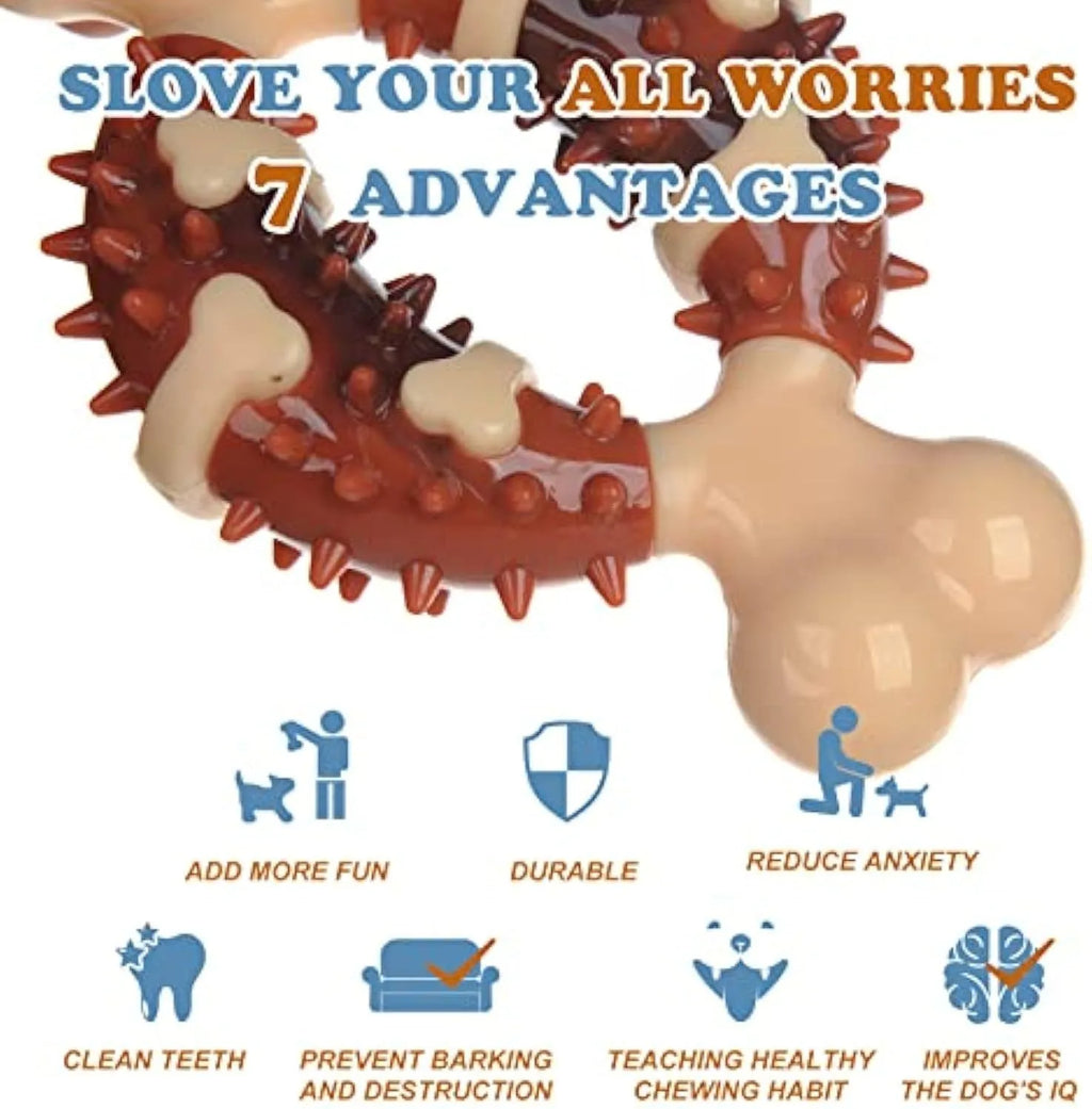 A natural rubber bone-shaped dog molar chew toy for teeth cleaning, shown in two sizes.