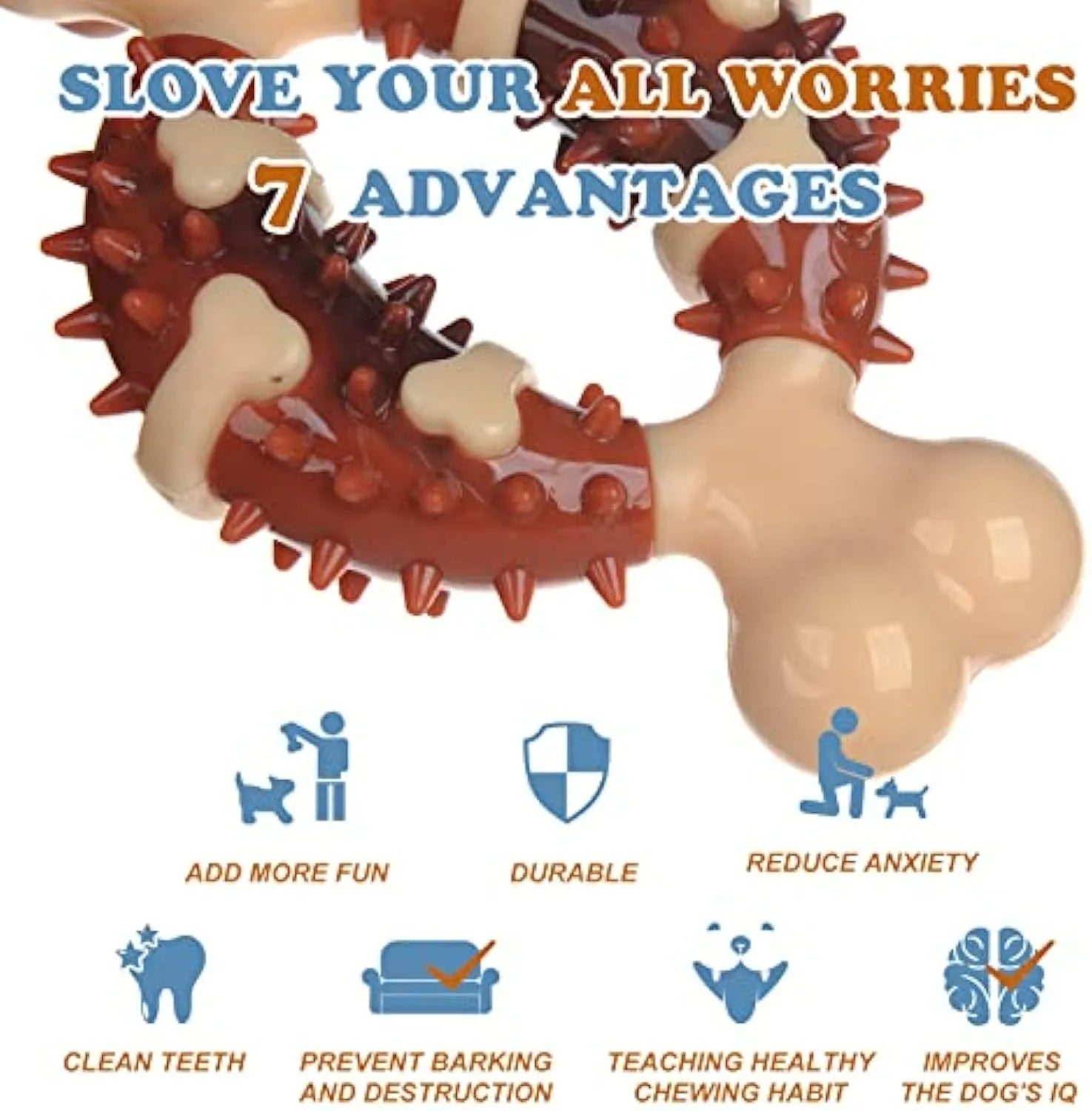 A natural rubber bone-shaped dog molar chew toy for teeth cleaning, shown in two sizes.