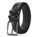 Men's business belt with electroplated alloy buckle showing laser logo pattern detail