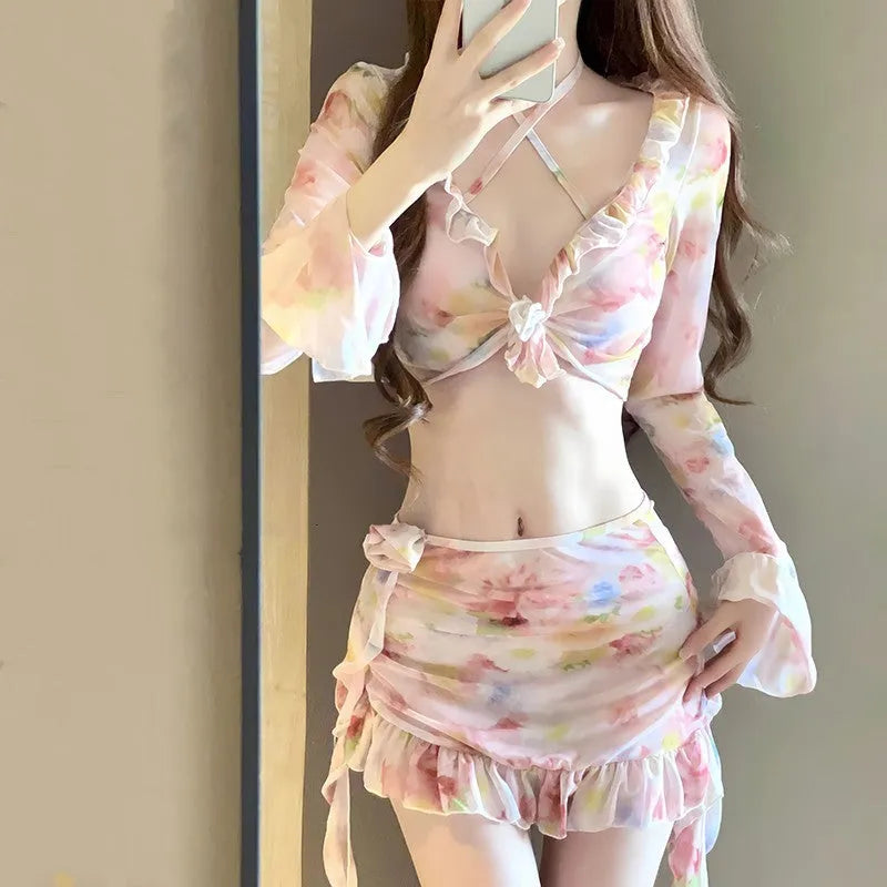 Women's floral pattern bikini swimsuit in cherry blossom powder colour