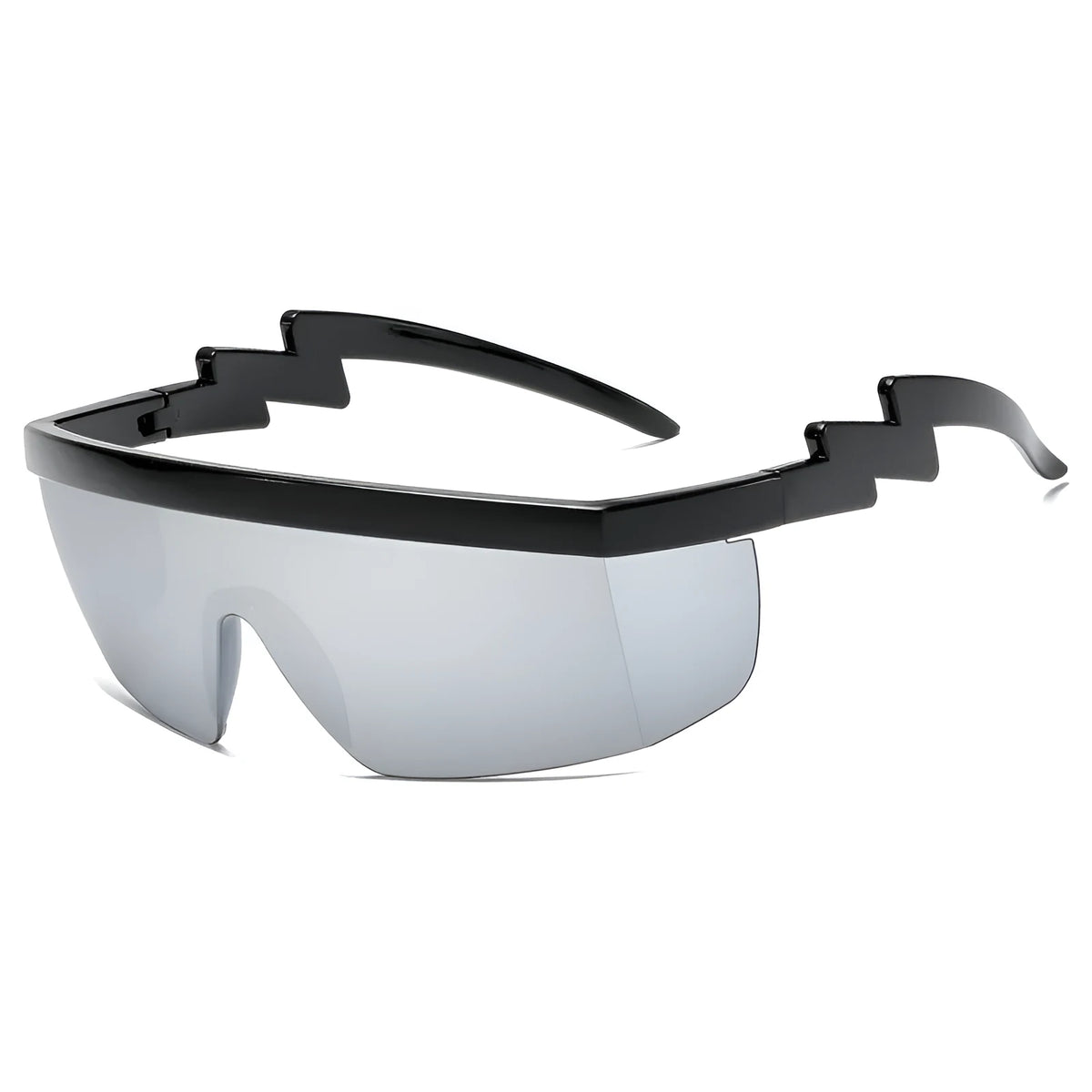 One-piece sports sunglasses with lightning leg side arms in black frame with blue PC lens