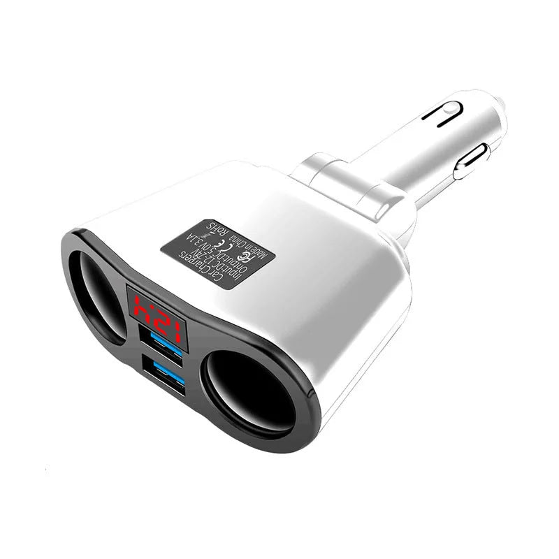 Car Bluetooth and FM transmitter MP3 player plugged into a car cigarette lighter socket.