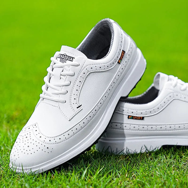 Men's lightweight golf shoe in Lake Blue or White with genuine leather upper and non-slip rubber outsole, sizes 39-47