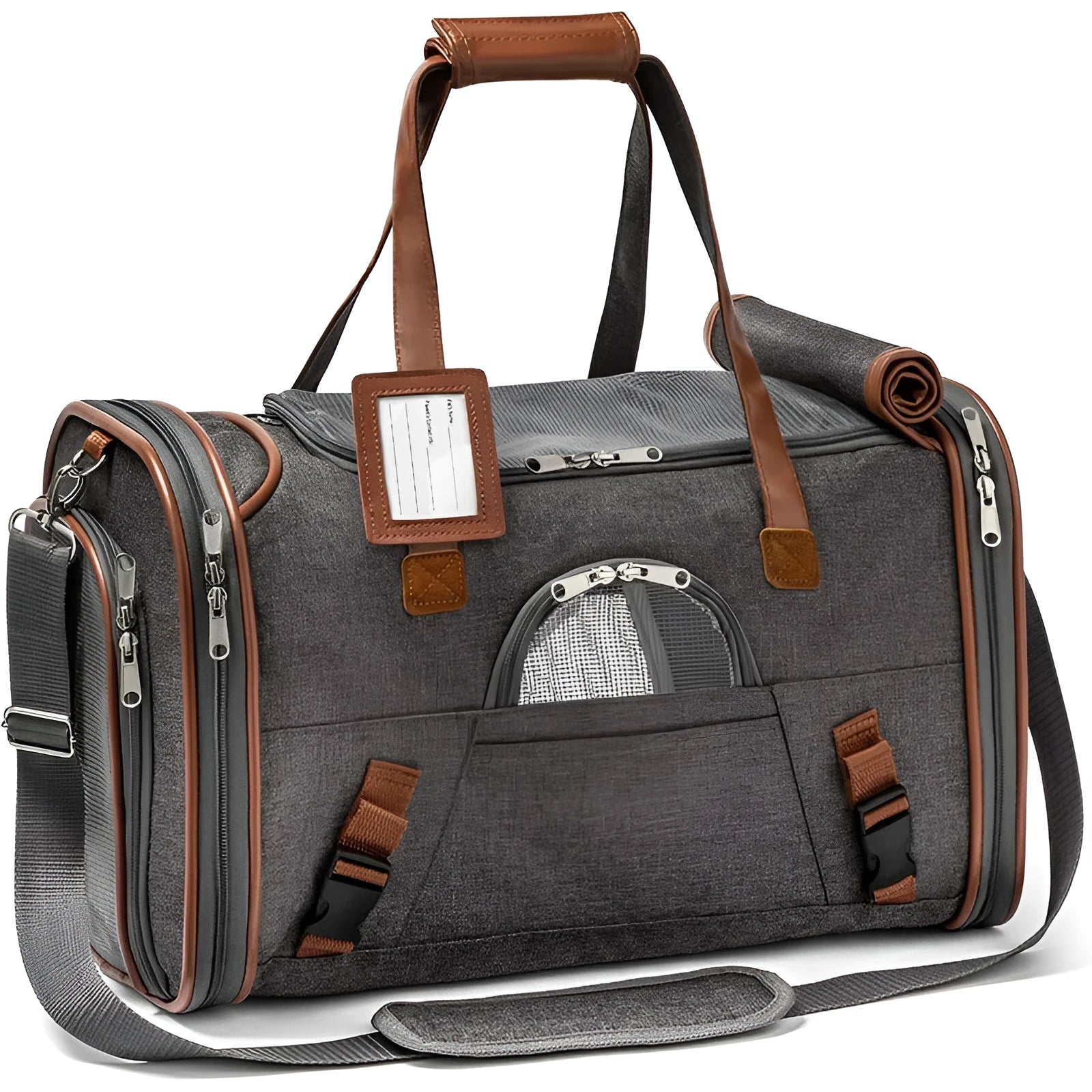 Large capacity waterproof Oxford pet bag in dark gray for cats and dogs
