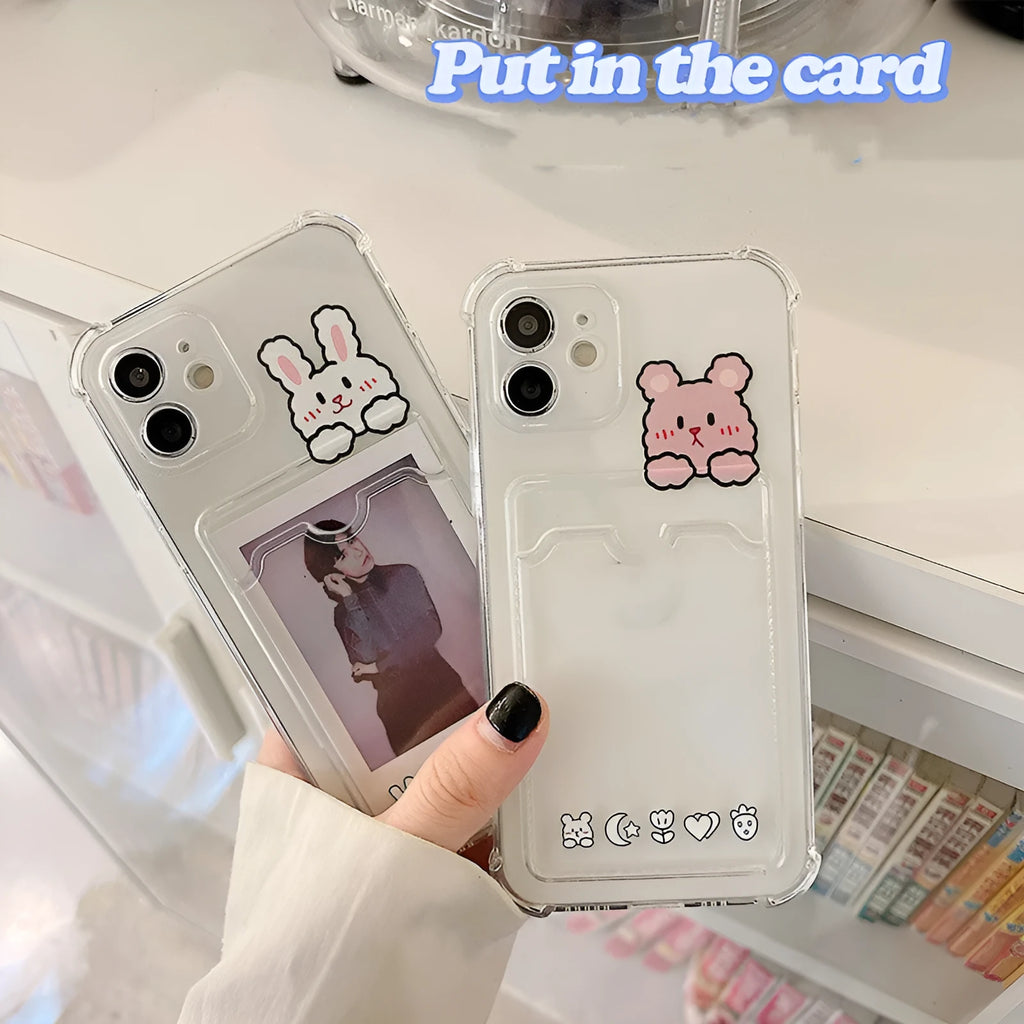 Transparent cartoon-style iPhone case with card slots on the back, for models from iPhone 6 to iPhone 13 Pro Max.