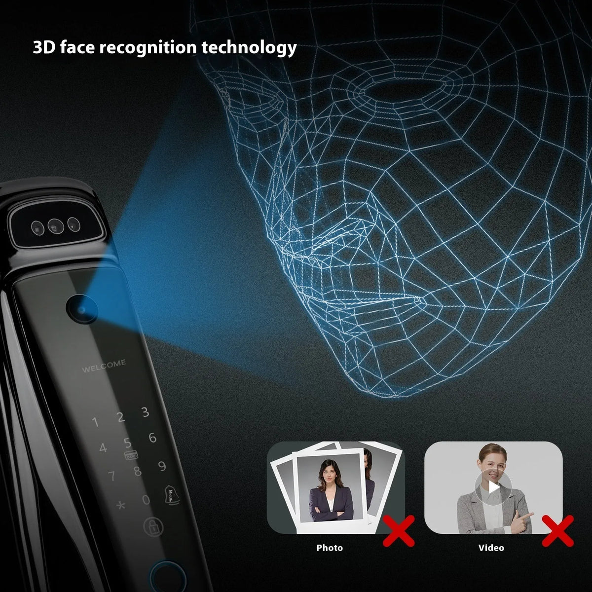 Face recognition intelligent security door lock with WiFi, 6068 lock body, and 4200mAh lithium battery in black finish