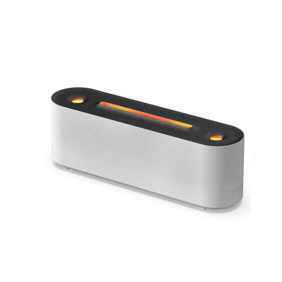 Tall black ultrasonic aroma diffuser with coloured flame LED light and rising water mist on a desk.