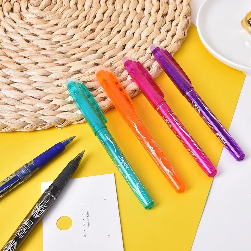 Pack of multi-colour hot erasable gel pens with plastic bodies and stainless steel nibs.