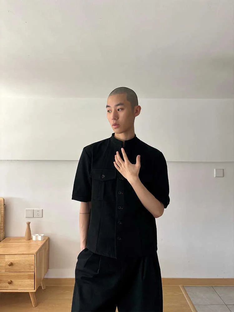 Black handmade loose fit half sleeve hunting shirt with a shirt collar.
