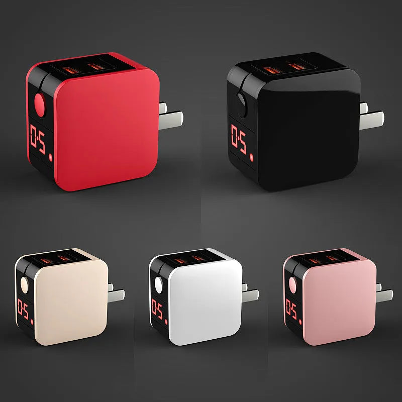 5V2.4A dual USB fast travel charger with digital display in black, white, or red colours