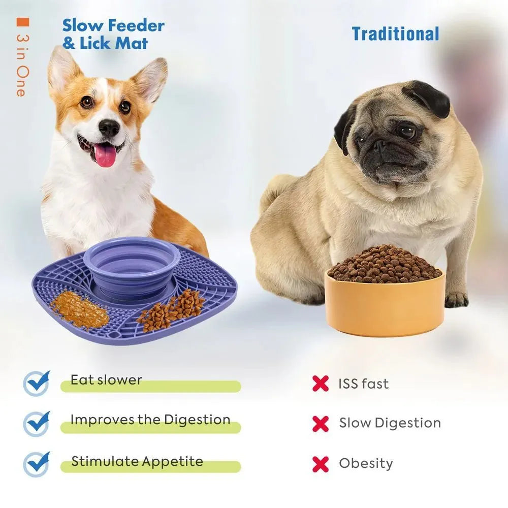 Slow feeder dog bowl with non-slip base, anti-gulping puzzle design, in blue dark green green orange pink purple.