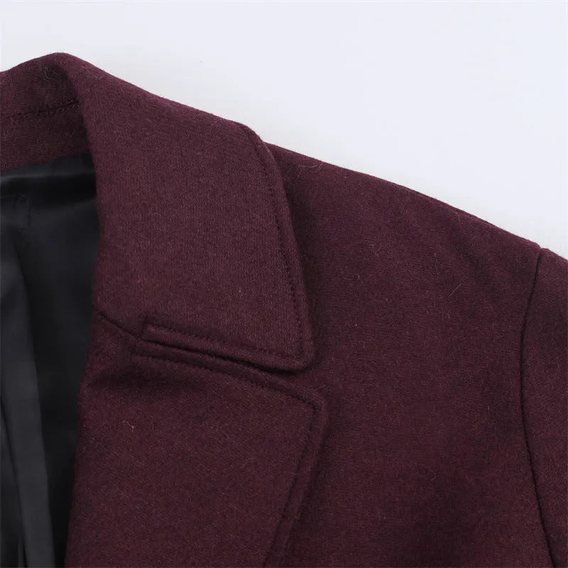 Women's loose fit wine red spandex long overcoat for commute