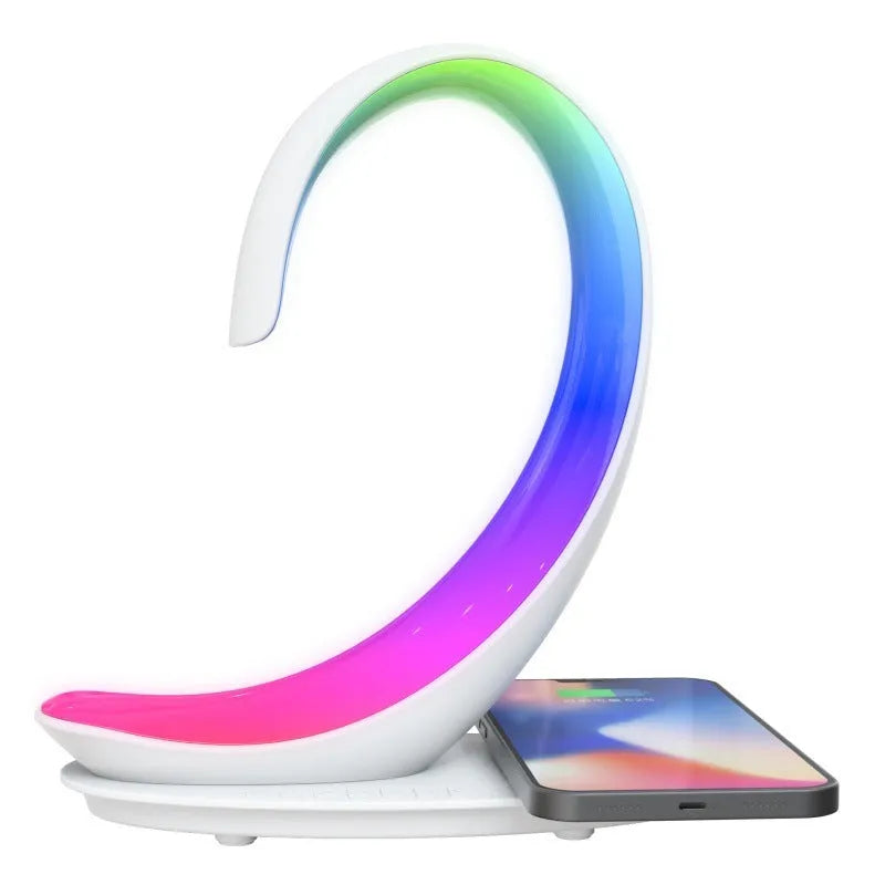 White swan sculpture desktop wireless charger with Bluetooth speaker and colourful LED atmosphere lighting