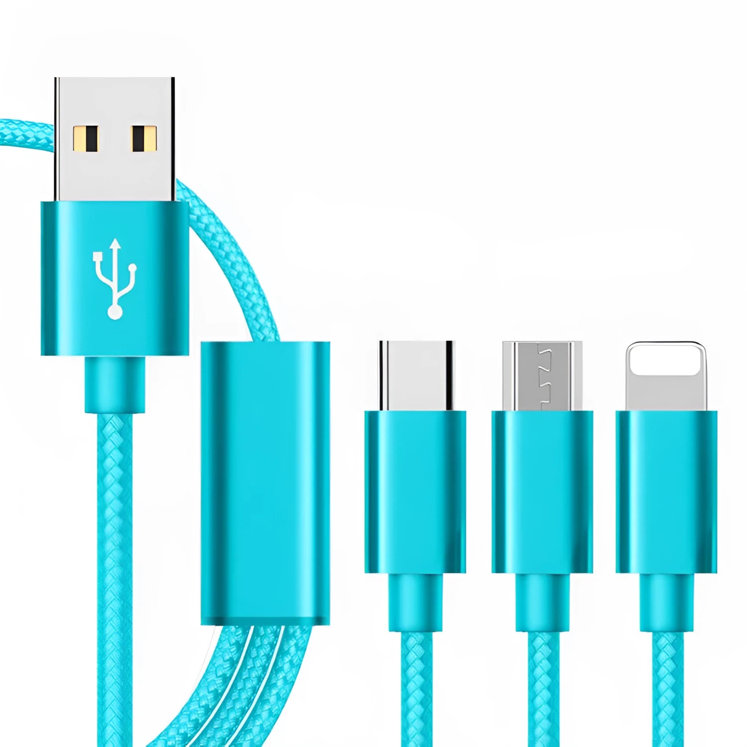 Three-in-one mobile phone charging cable with Micro USB, Lightning, and USB-C connectors in 1.2m length