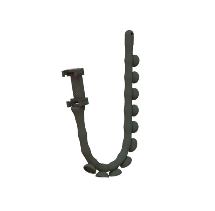 Black flexible rubber phone holder with suction cup base and long worm arm extended.