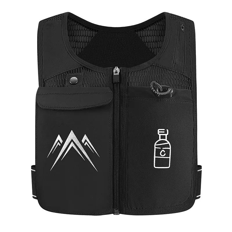 Breathable mesh running vest with integrated phone compartment showing front and back views