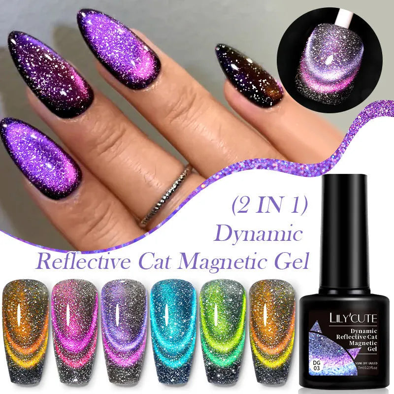 Diamond In The Debris Cat Eye Series UV Gel Nail Polish bottle in one of six glittery colours with nail glue.