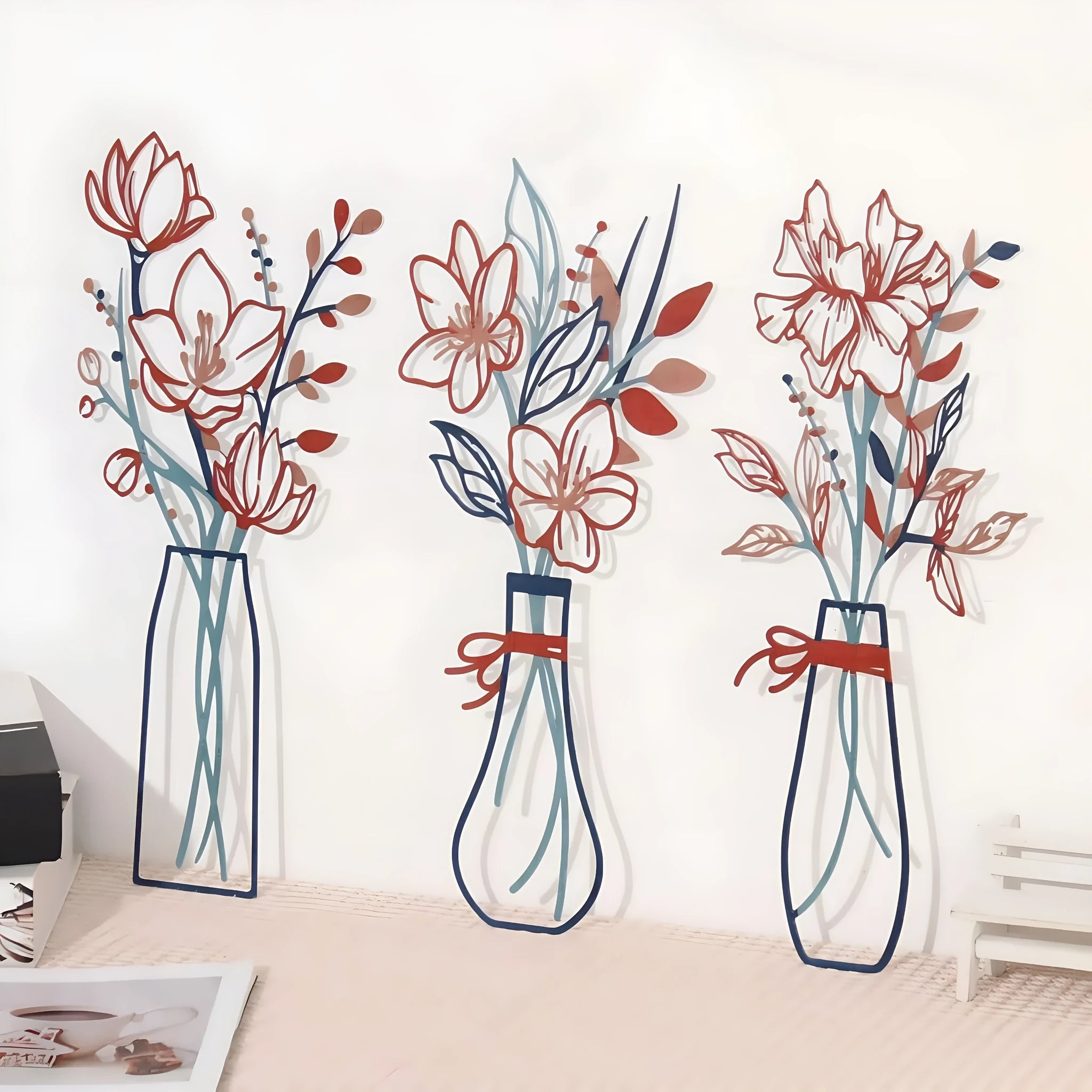 Three-piece metal flowers wall art set with rustic vase designs for country farmhouse décor