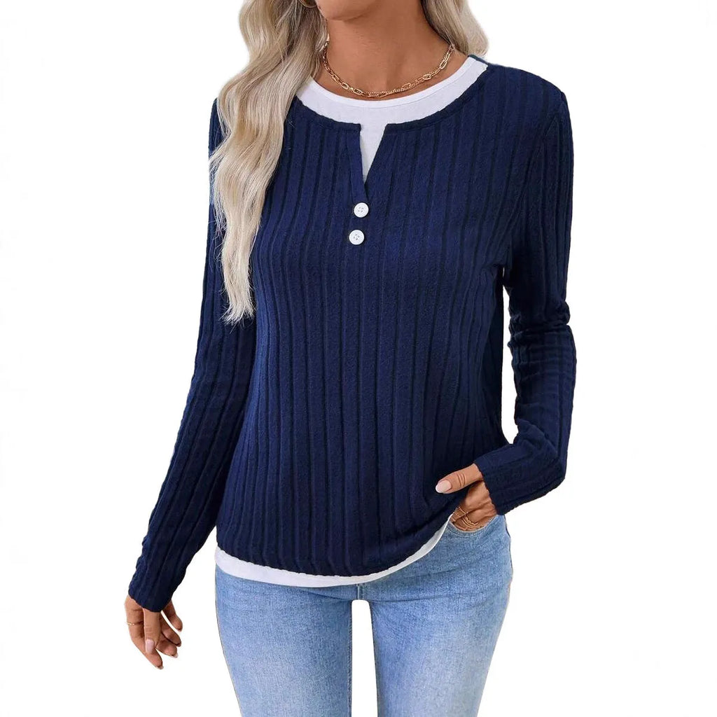 Women's fake two-piece round neck button pullover grinding sweater in concave stripe polyester.