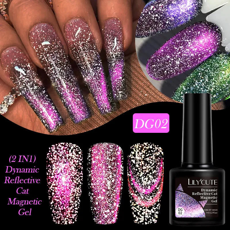 Diamond In The Debris Cat Eye Series UV Gel Nail Polish bottle in one of six glittery colours with nail glue.