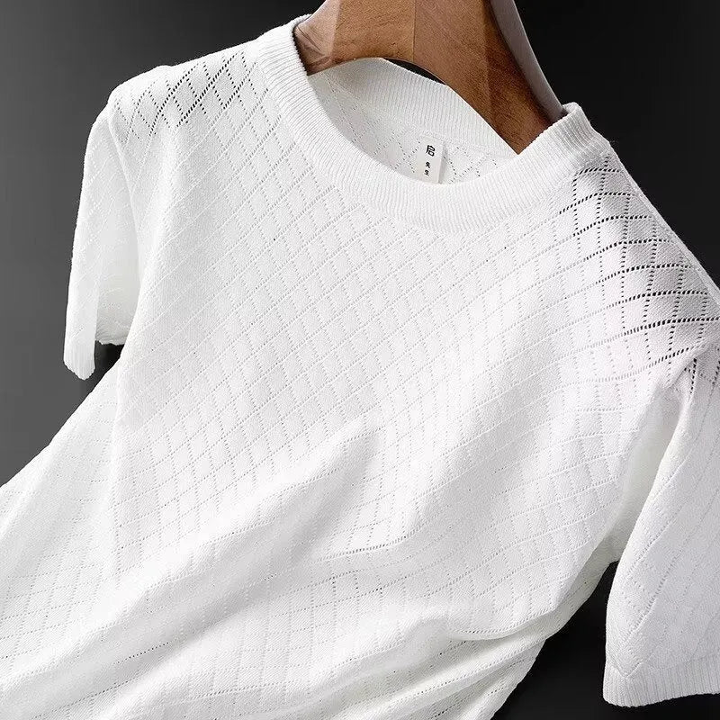 Men's Korean style ice silk T-shirt top with cut-out short sleeves in black or white colour options