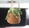 Green and white knitted wool macramé car air plant holder with hanging cord