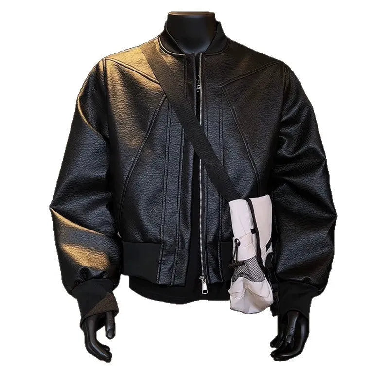 Men's black PU leather jacket with extended length and distinctive texture