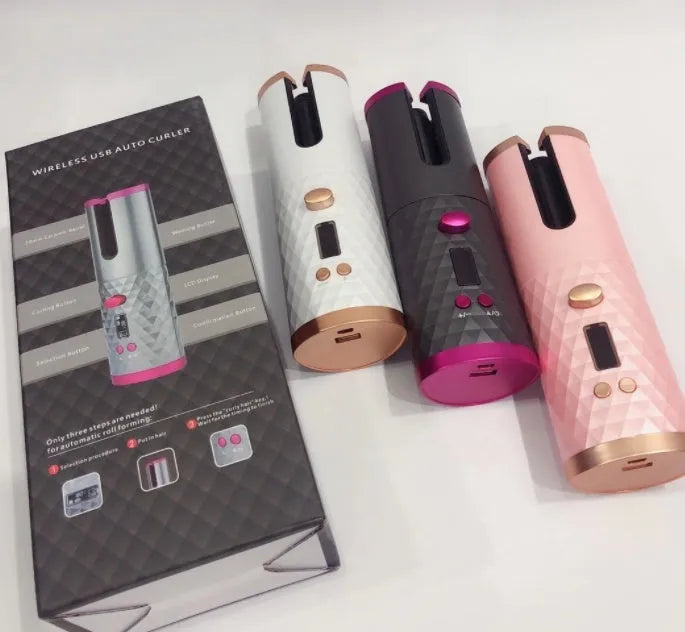 White portable mini curling iron with USB charging cable and gold ceramic barrel.