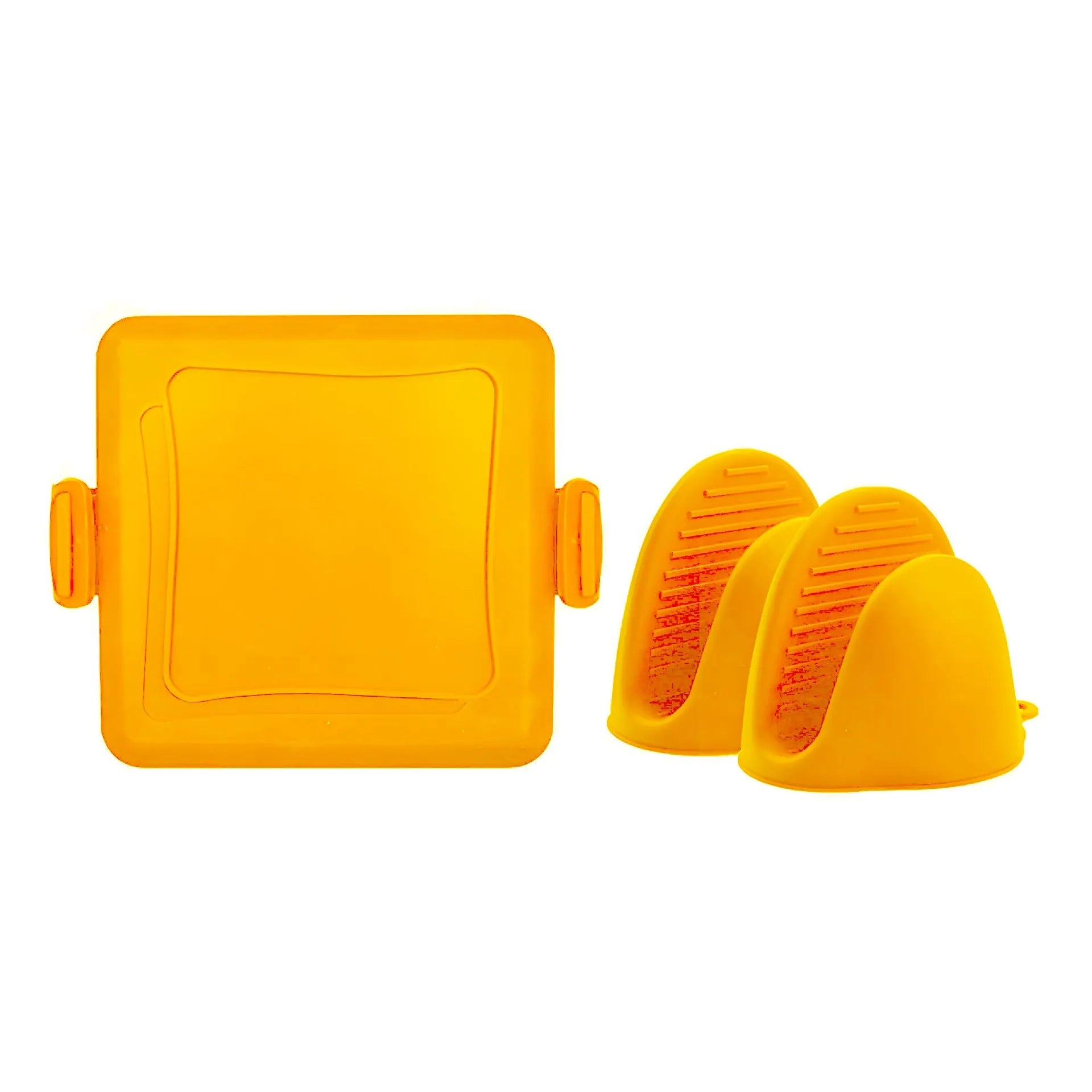 Red silicone baking tray with matching anti-scald gloves on kitchen counter