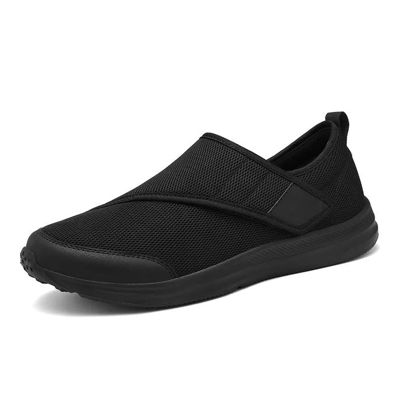 Unisex mesh walking shoes with Velcro fastening, flat heel, round toe, in black, grey, blue, or wine red, sizes 36-47
