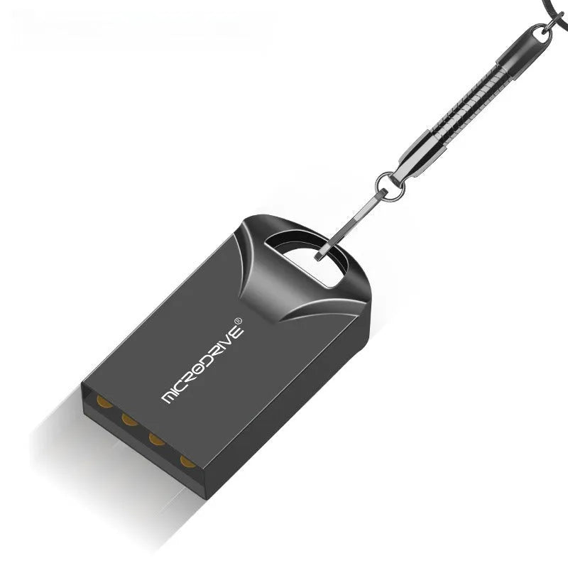 Mini metal USB flash drive in black and silver showing compact 23x12x8mm size