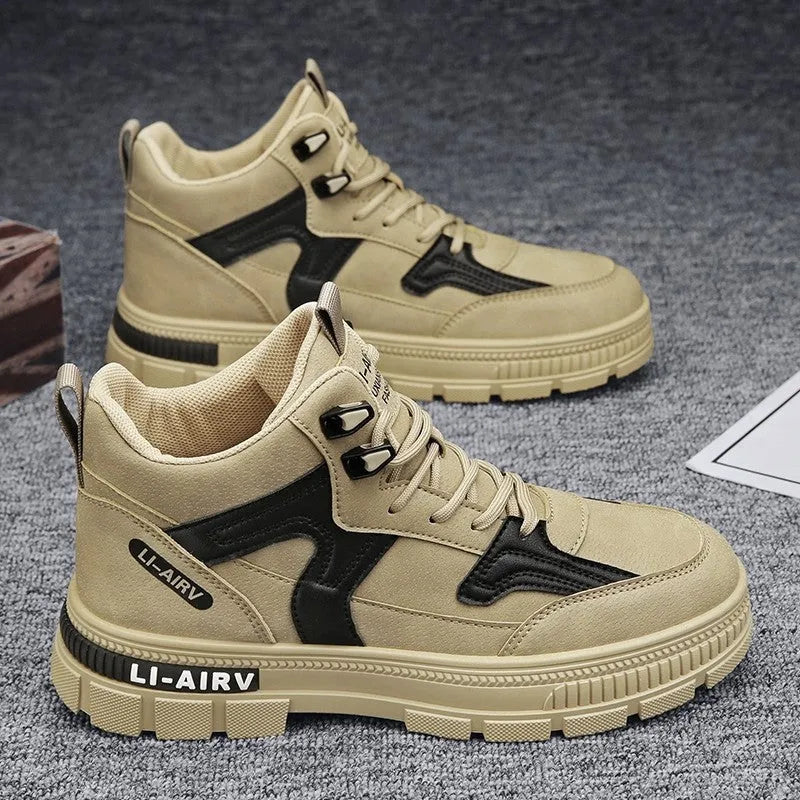 Men's high-top board shoes in beige, khaki or black with artificial PU upper and sequin detail, sizes 39-47