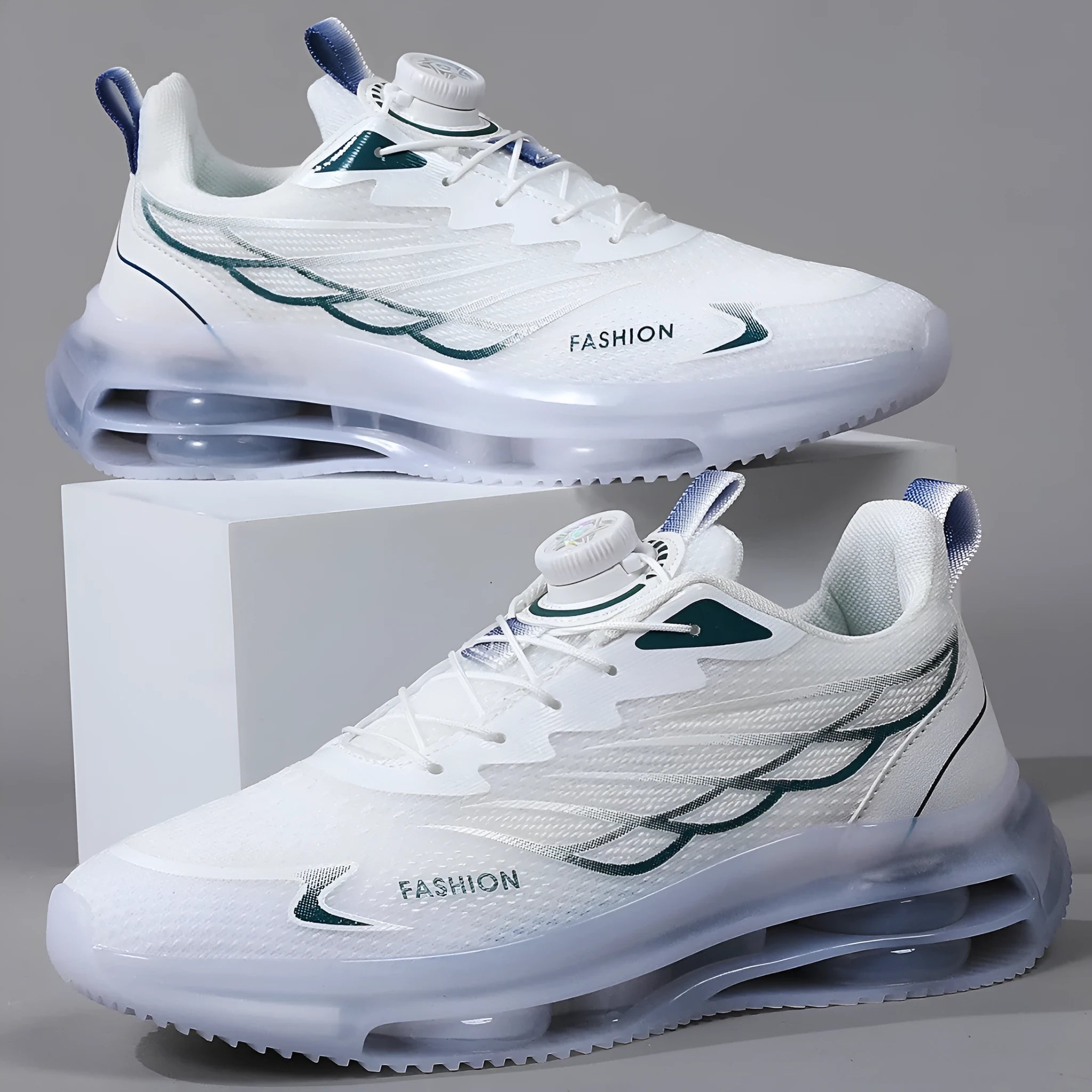 White mesh casual shoes with rotating button closure and round toe design