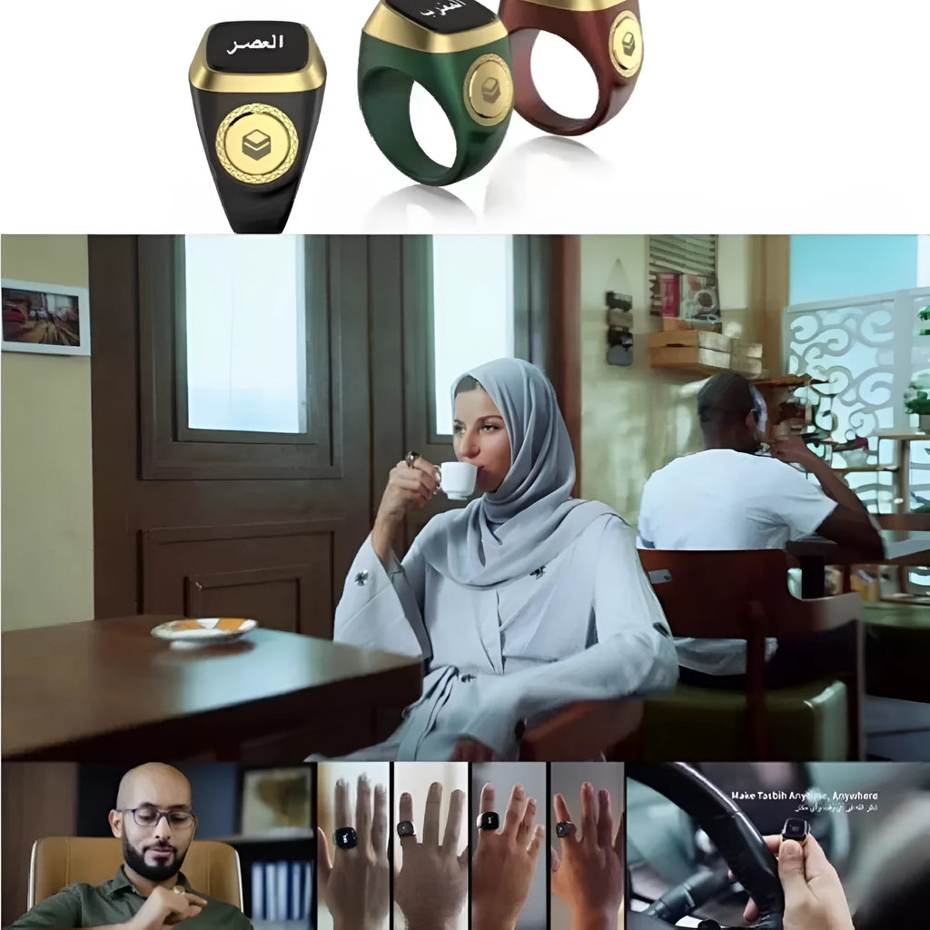 Zikr1 smart ring in black, green, rose gold, or silver on a charging case with USB cable