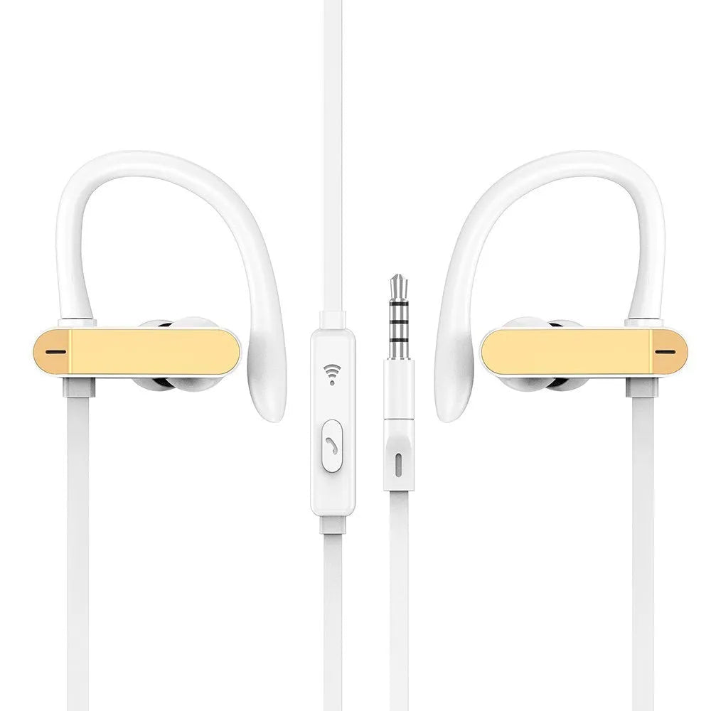 Black and blue sport earbuds with over-ear hooks and silicone tips shown next to a phone