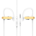 Black and blue sport earbuds with over-ear hooks and silicone tips shown next to a phone