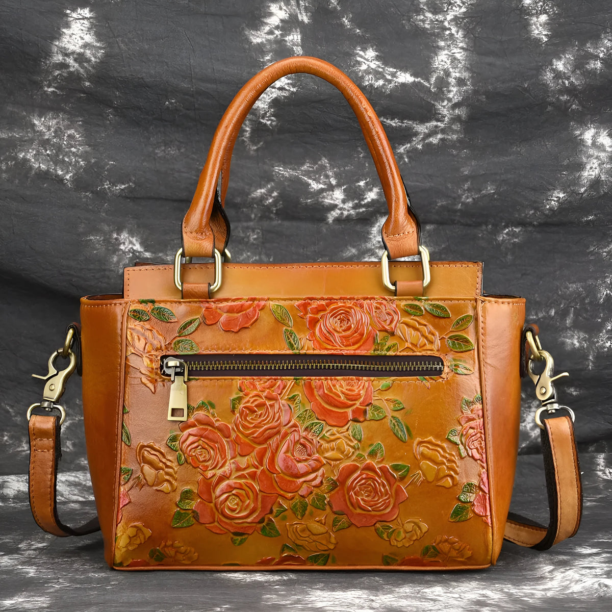 Genuine leather cross body bag in retro yellow brush colour with top handle and shoulder strap