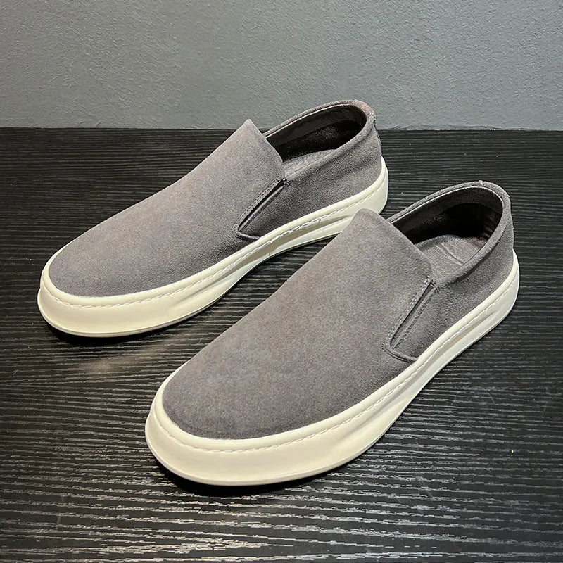 Men's grey and apricot PU casual shoes with round toe and mid-heel design