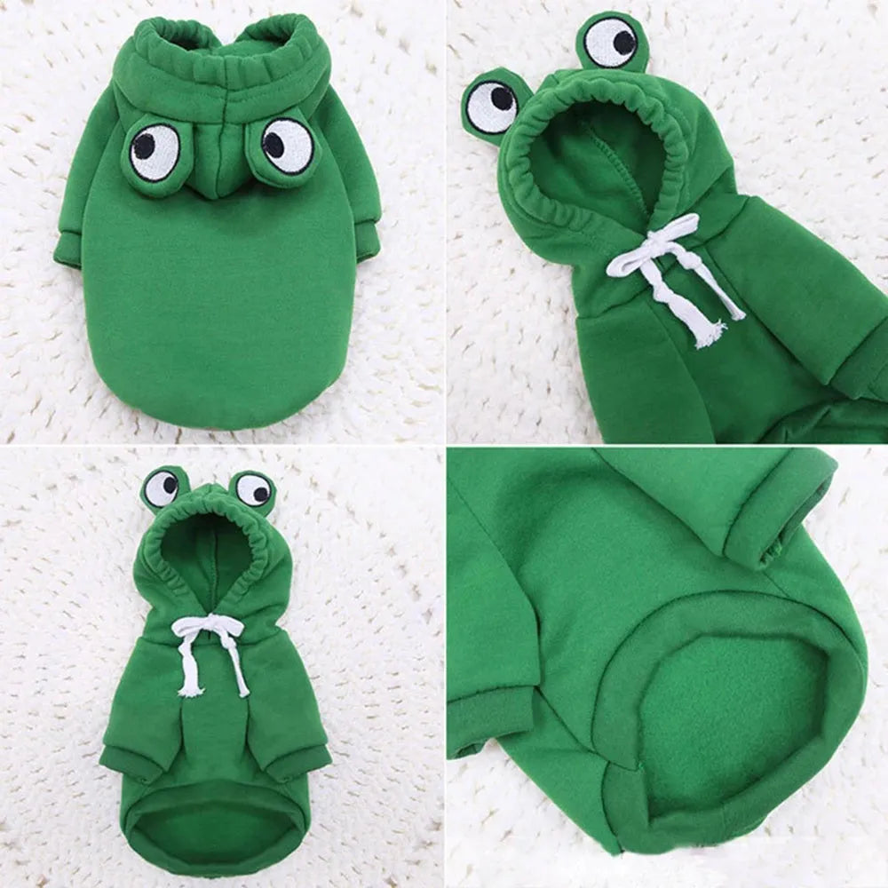 Green frog costume hoodie for small dog or cat with fleece material and front leg openings
