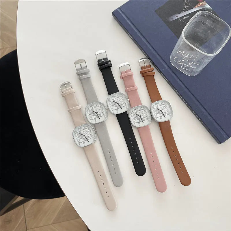 Square women's watch with 43mm dial, 12mm thickness, imitation leather strap, stainless steel pin buckle, five colour options