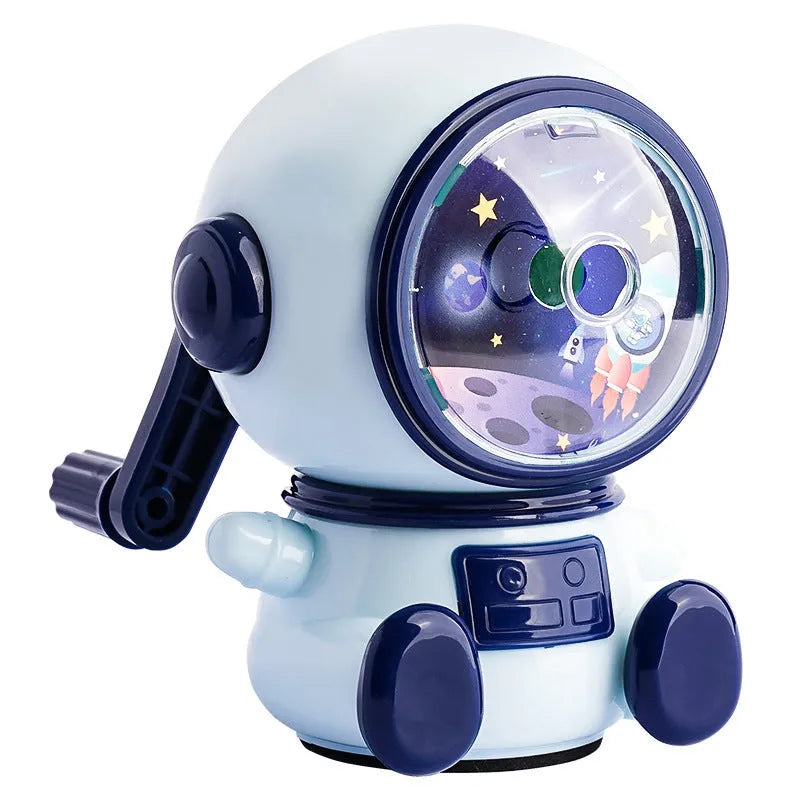 Cartoon astronaut themed manual pencil sharpener with adjustable settings and anti-jam mechanism