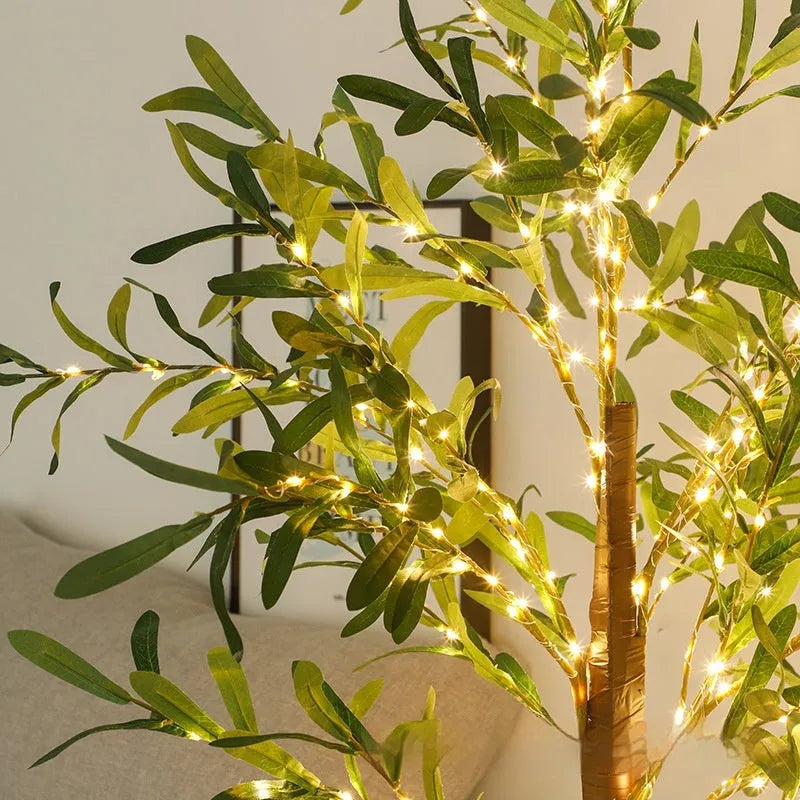 1.8 metre tall simulation olive leaf tree lamp with warm white LED lights illuminating olive branches for courtyard decoration