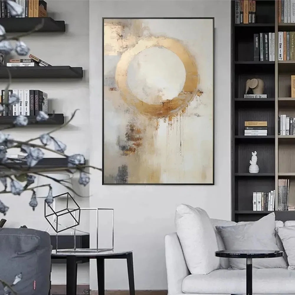 Handmade abstract golden circle oil painting on rolled frameless unstretched canvas for wall art