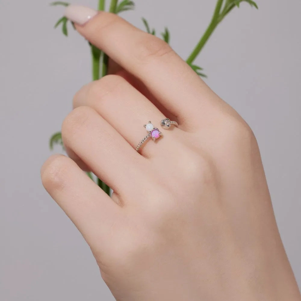 S925 sterling silver bear ring for women with heart-shaped Australian gemstone and zircon on adjustable band