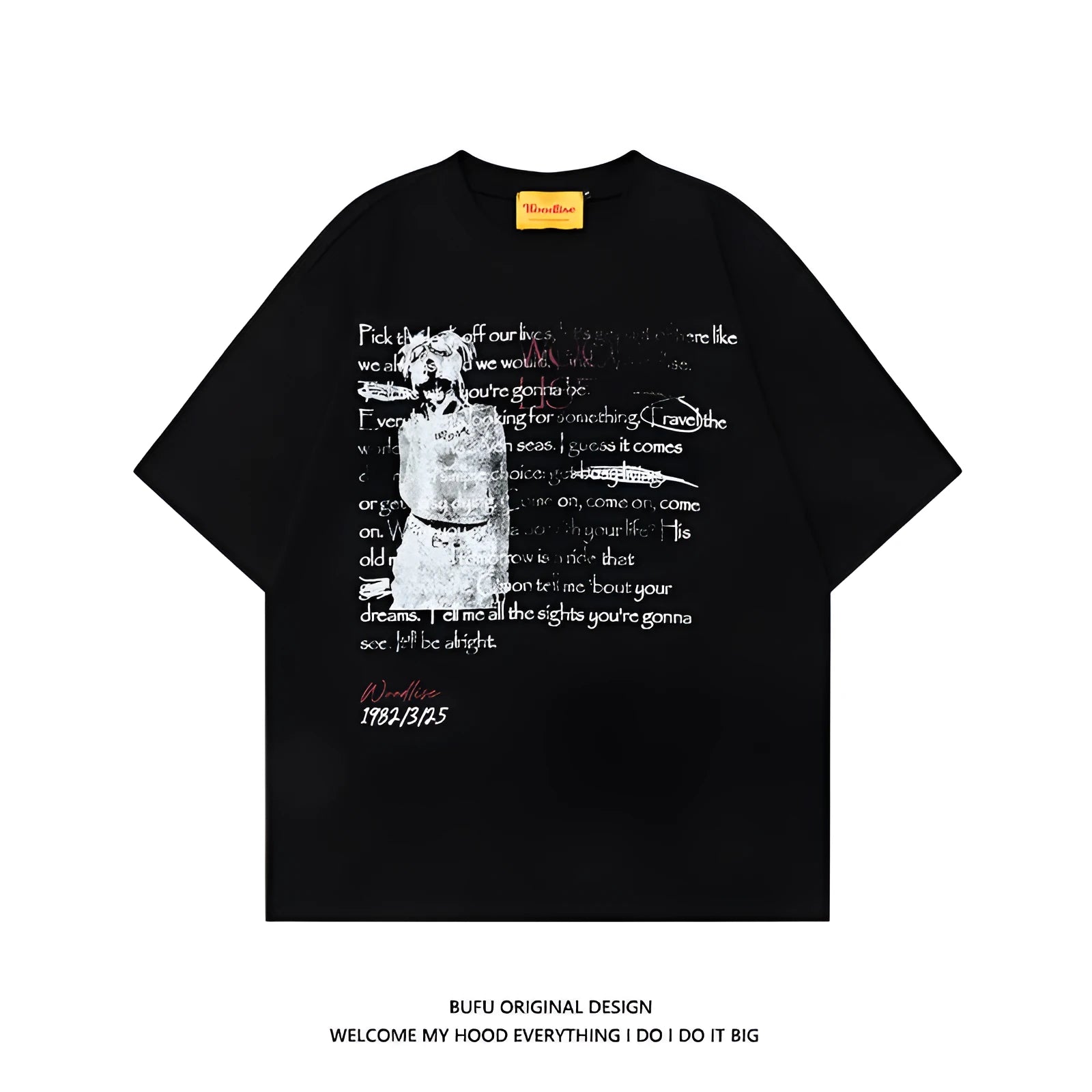 Men's black cotton T-shirt with white letter print and raglan sleeves in loose fit