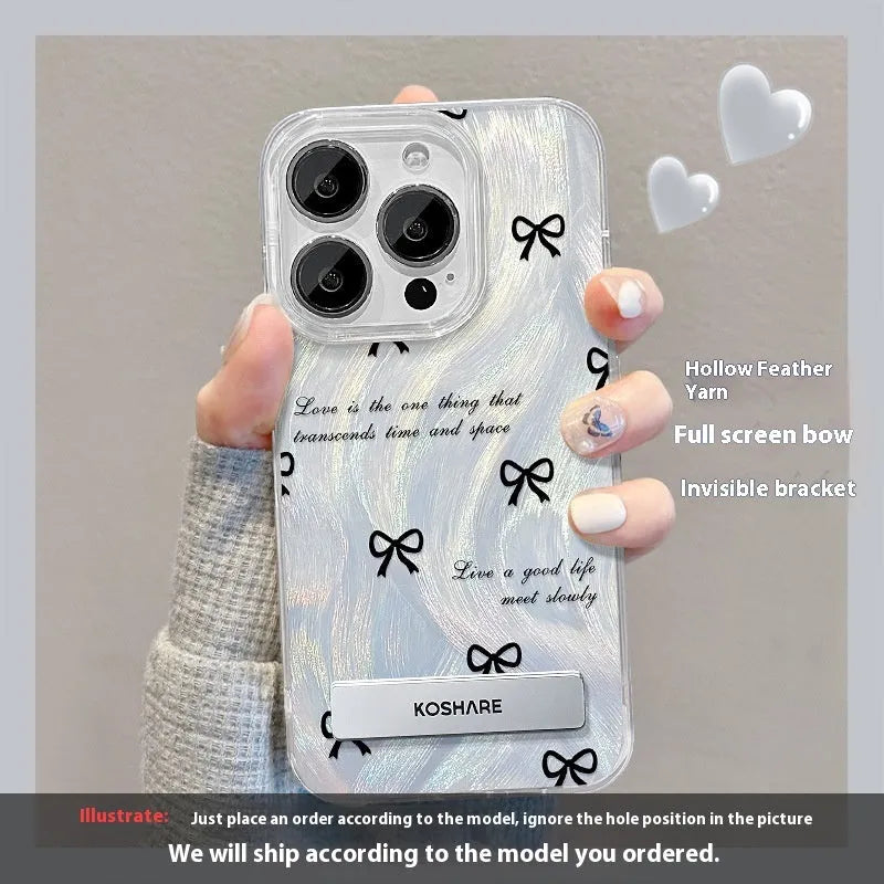iPhone 15 and 16 PC phone case with smudging star bow bracket, Silver Bow or Silver Pink Butterfly