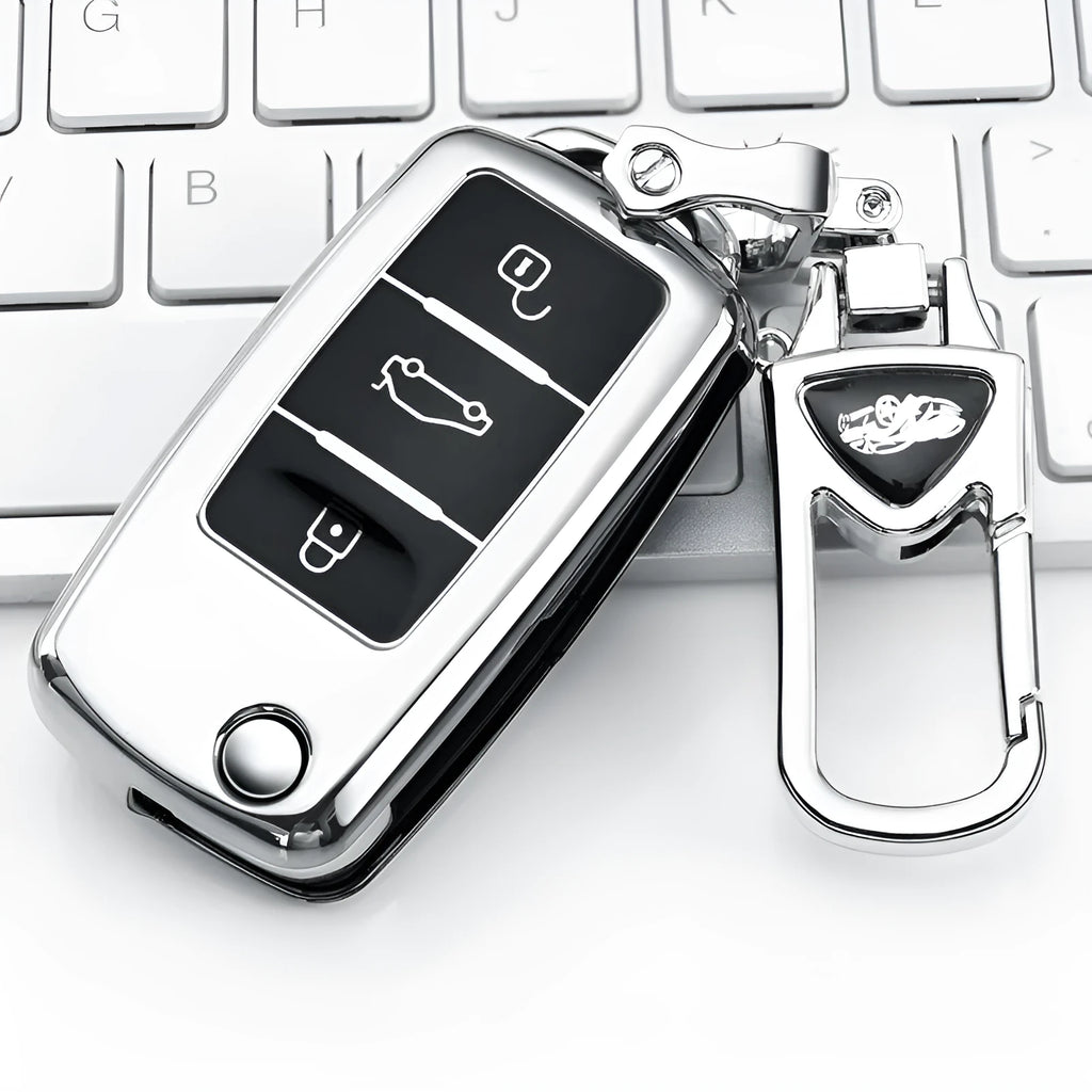 VW Model A folding car key case in TPU, shown in blue, pink, red, and silver colour options.